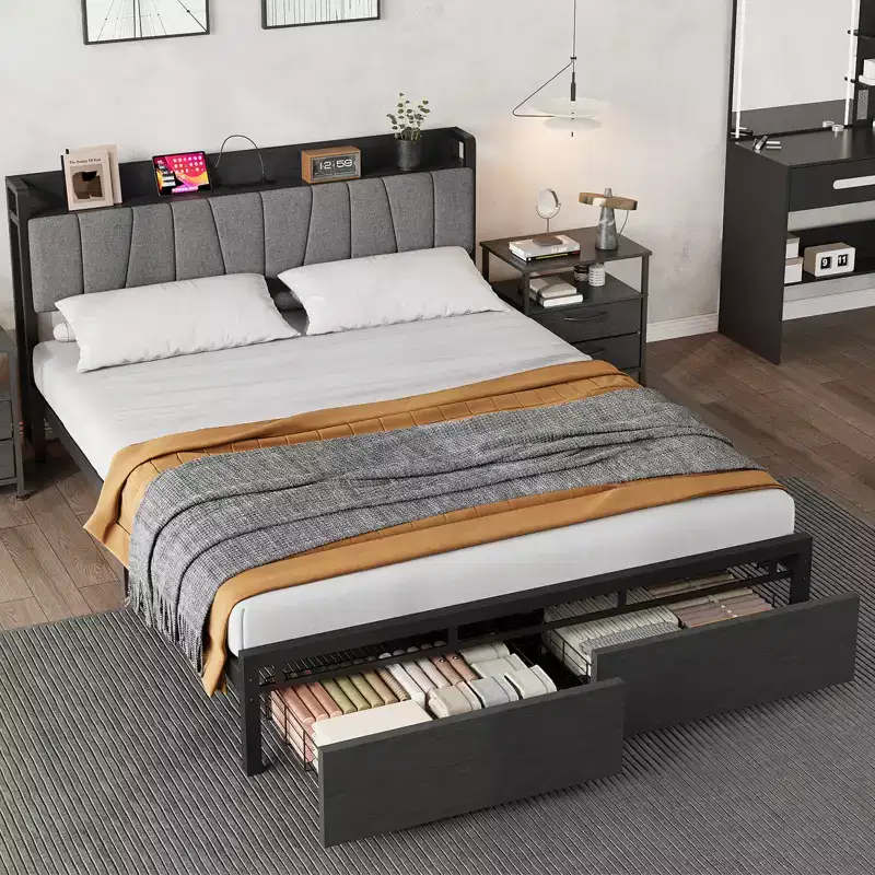 Garvee Queen Size Bed Frame with Storage Headboard, Industrial Queen Platform with 2 Drawers and Charging Station, Black No Box Spring Needed Bedframe