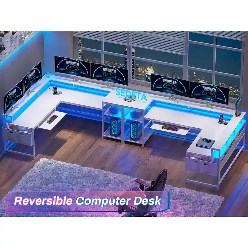 L Shaped Computer Desk Gaming Desk Keyboard Tray Power Outlets & LED