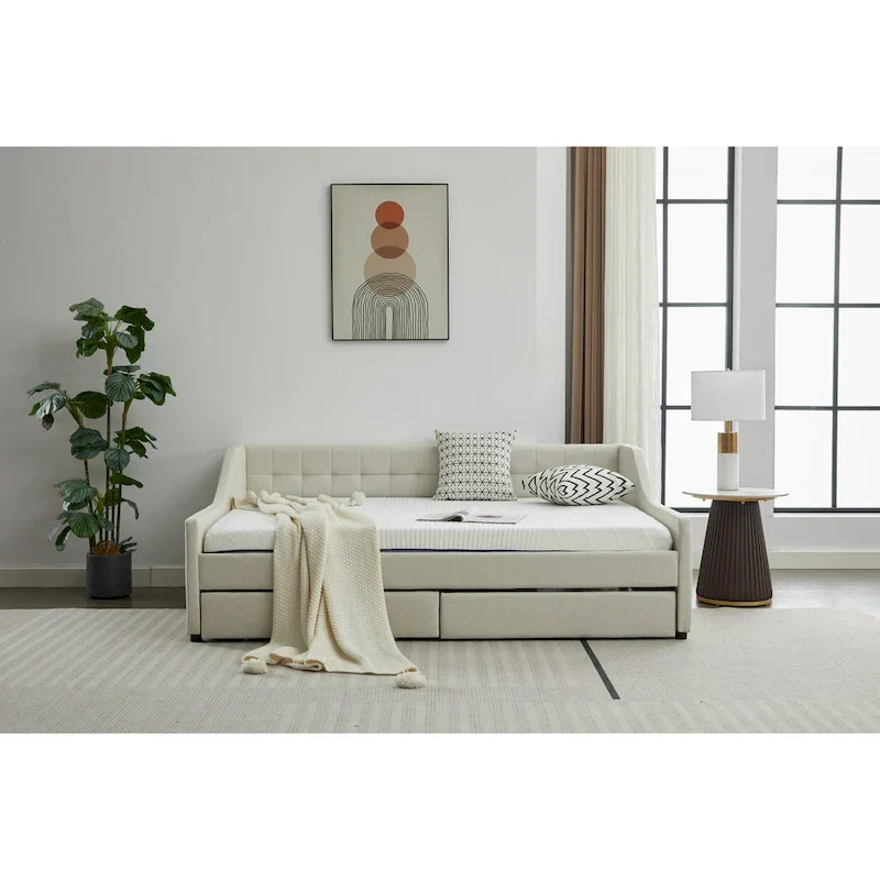 Modern Upholstered Sofa Bed with 2 Drawers and Wooden Frame, Vertical Stripes