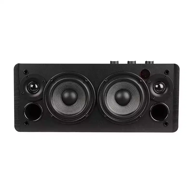 70-Watt Continuous Bluetooth D12 Integrated Desktop Stereo Speaker with 4-In. Woofers, RCA/Aux Inputs, Wooden Enclosure, and Remote