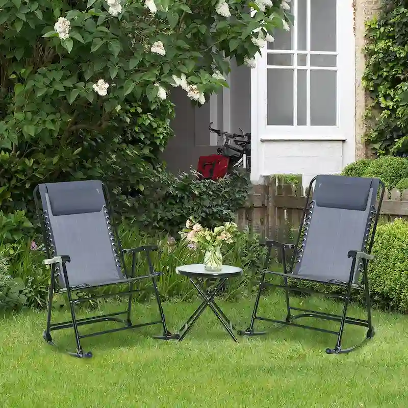 Outsunny 3 Piece Outdoor Rocking Bistro Set with Glass Coffee Table
