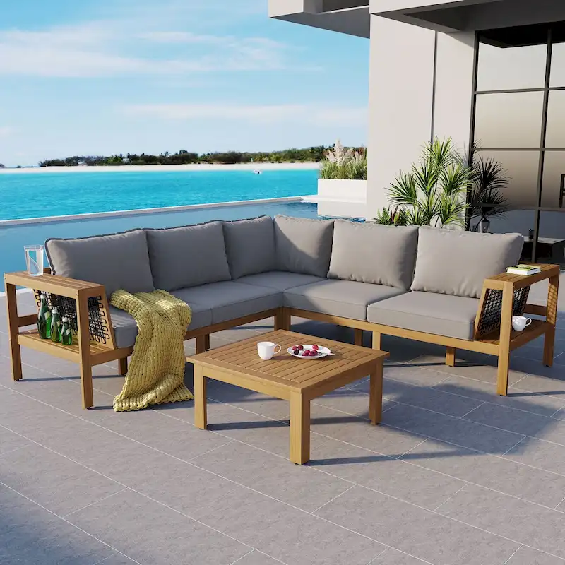 4 Pieces Outdoor Acacia Wood Sofa Set, L-Shaped Patio Furniture Sofa Set with Coffee Table, Conversation Set with Cushions