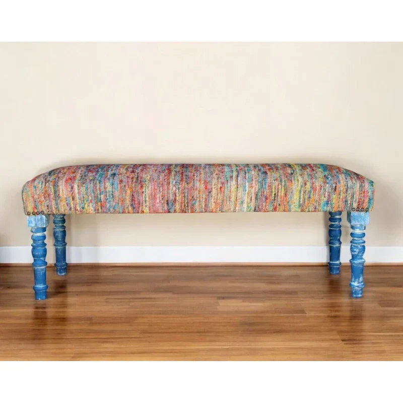 Multi-Color Rainbow Stripe Bohemian Upholstered Bench with Blue Legs – Seats 2