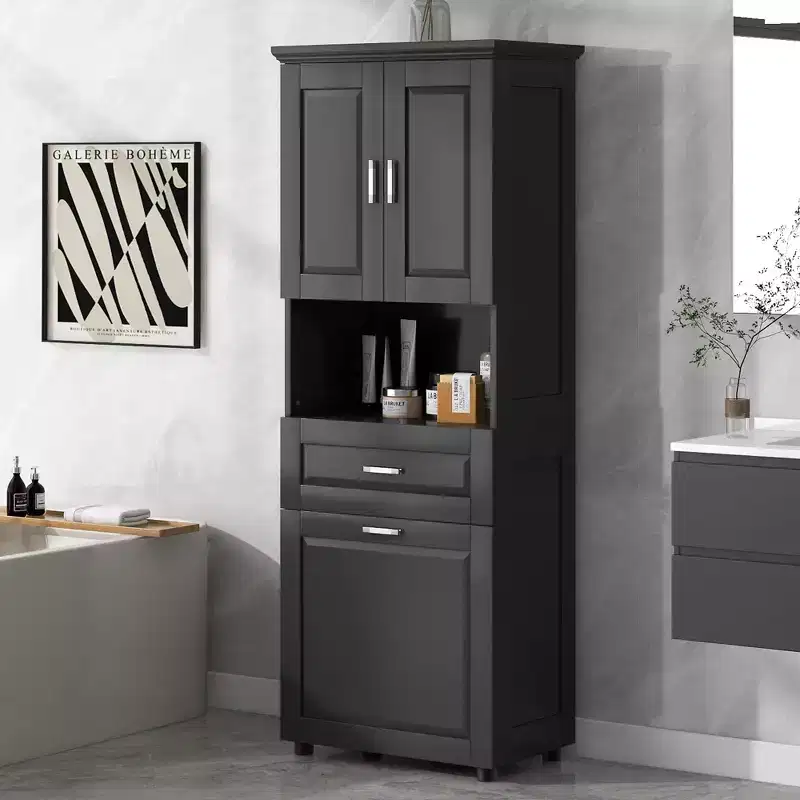 GDFStudio Nolan Modern Wood Tall Bathroom Storage Cabinet with Tilt-Out Laundry Hamper, Double-Door Cabinet, Upper Shelves and Drawer