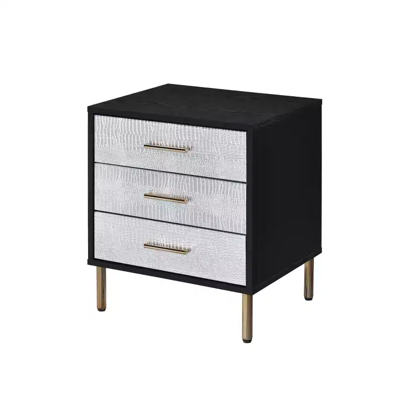 19" Myles Nightstand Black, Silver and Gold Finish - Acme Furniture: Contemporary Square Design, Metal Frame