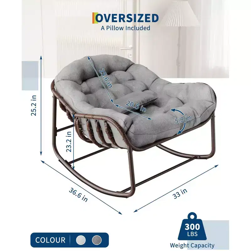 COZONY Oversized Papasan Rocking Chair, Comfy Egg Chair Rocker with Cushion, 450 LBS Heavy Duty Rocking Chair for Patio, Porch, Garden, Bedroom, Lawn