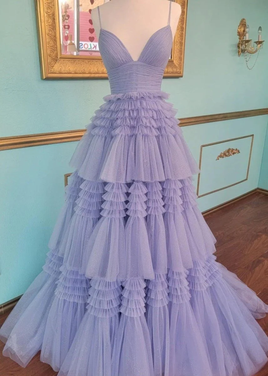 A-Line Spaghetti Straps Long Tiered Tulle Prom Dress With Split