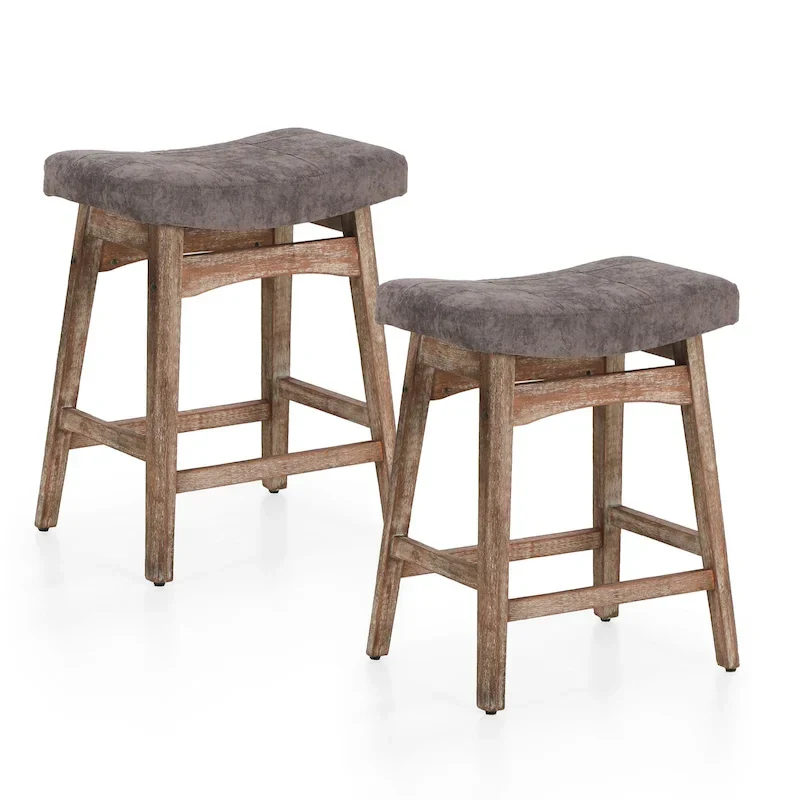 24 Inch Solid Wood Barstools with Linen / PU Leather Fabric Cushion, Set of 2