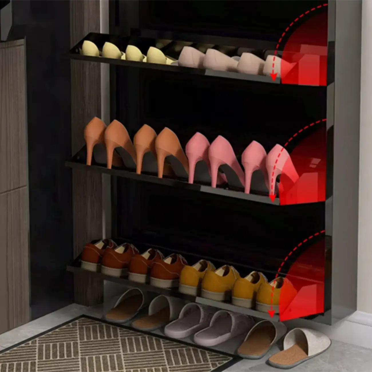 Gloss Black Wall Mounted Wooden Slim Drop Front Shoe Cabinet