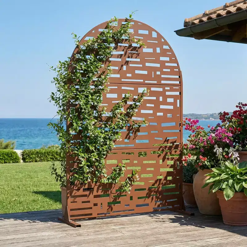 Dovelina 72H x 47W Arched Outdoor Metal Privacy Screen Freestanding Fence Panels in Light Gray/Brown for Garden Patio Deck Yard