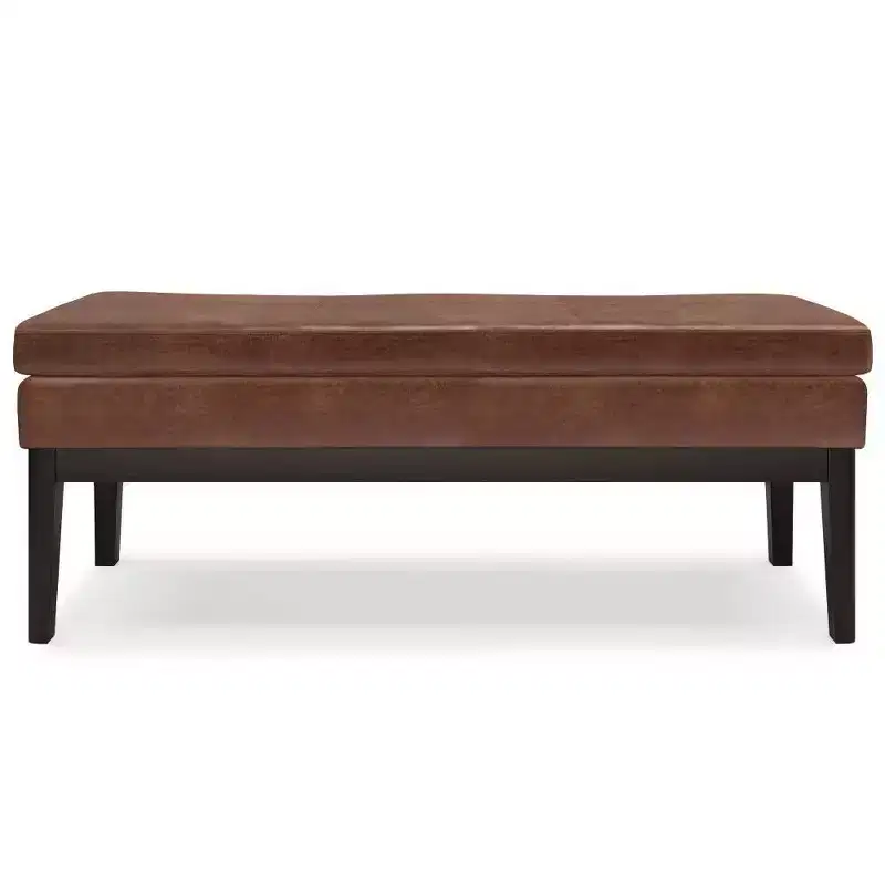 Distressed Saddle Brown / Greige Mid-Century Rectangle Ottoman Bench, Seats 2
