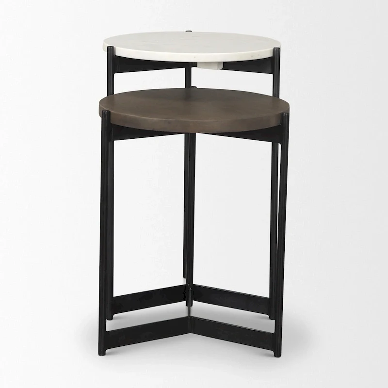 HomeRoots Set of Two Brown White and Black Marble Solid Wood and Metal Round Nested Tables - 16' X '24' X '16
