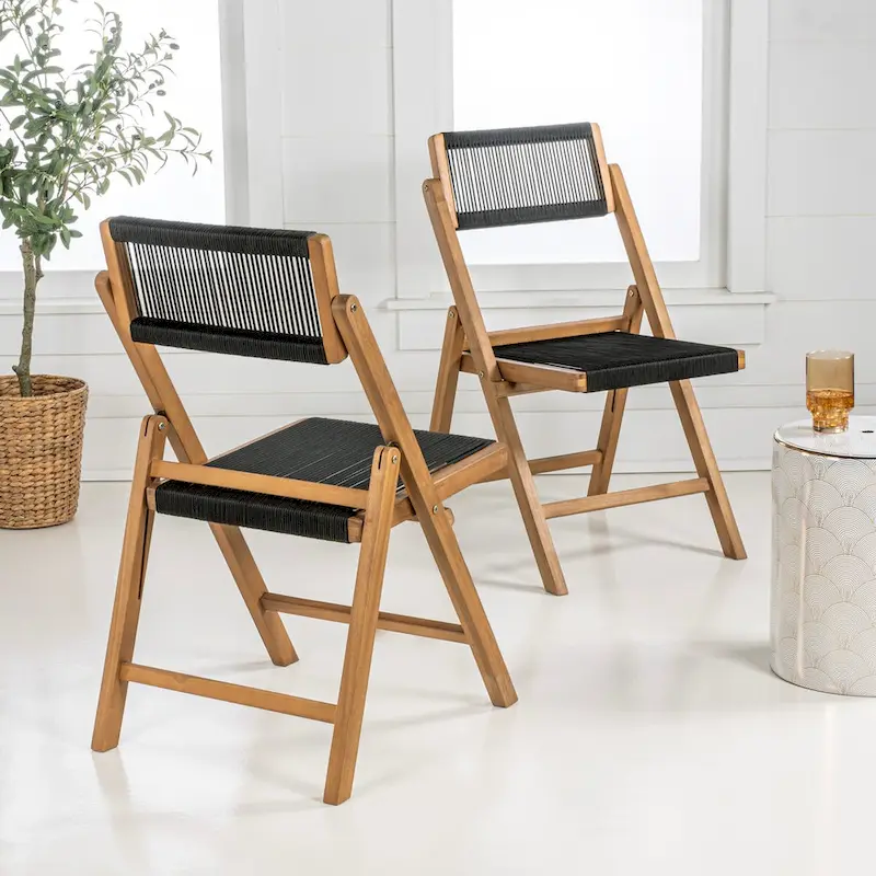 Kiawah Coastal Modern Wood Roped Folding Chair with Adjustable Back, Black/Natural (Set of 2) by JONATHAN Y