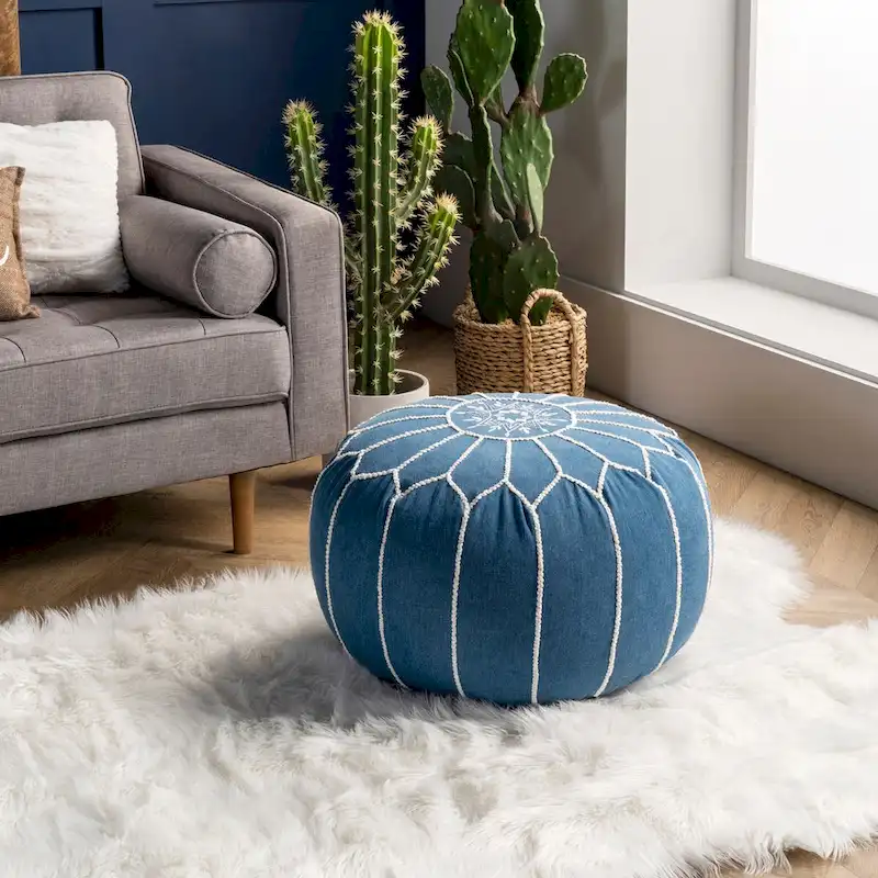 Grey / White / Blue Moroccan-Style Cotton Pouf Ottoman – Single