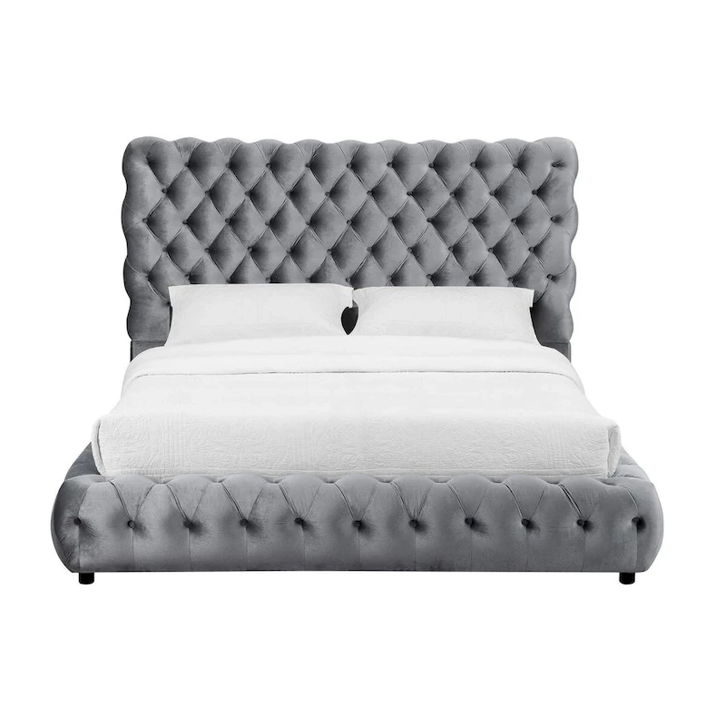 James King Size Bed, Platform Style, Button Tufted Gray Velvet Upholstery