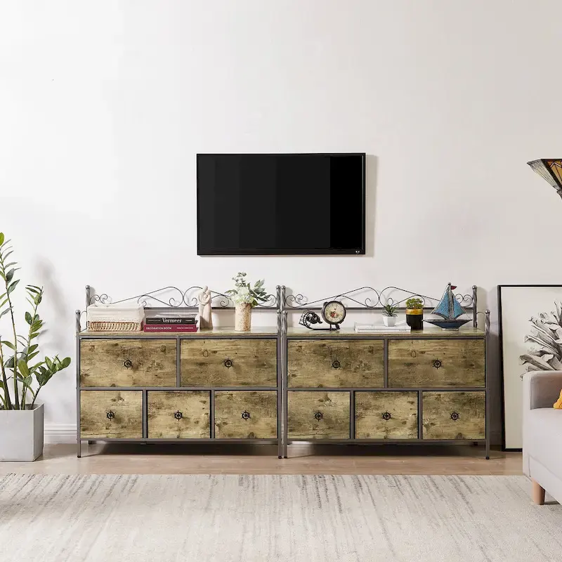 4-Pieces Bedroom Set with Drawer and Nightstands Set of 2, 5-Drawer Dresser, Brown/Grey Set