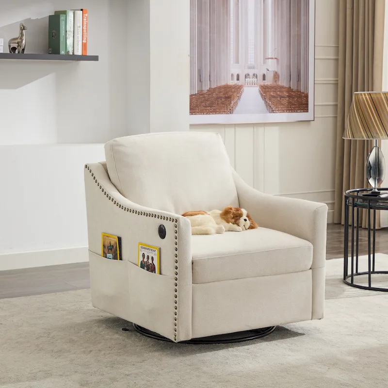 Upholstered Swivel Accent Chair with USB Port and Armrest Storage Pockets