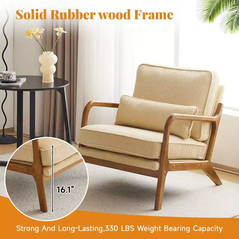 Karl Home 2Pcs Mid Century Solid Wood Accent Chair Upholstered Armchair with an Extra Pillow