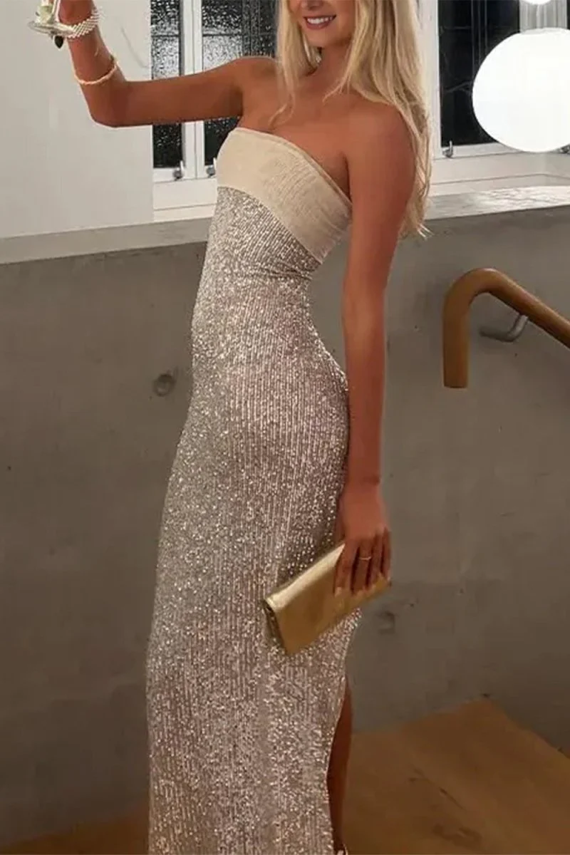 Sage Sheath Strapless Sequined Long Prom Dresses