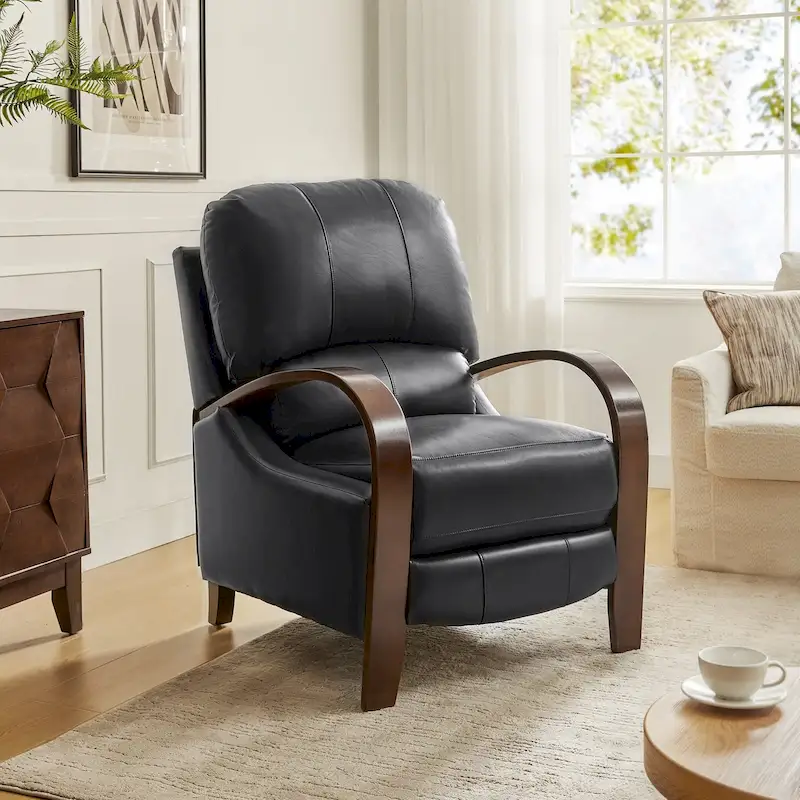 Multi-Color Genuine Leather Push-Back Recliner, Single Seat, Wooden Curved Arms