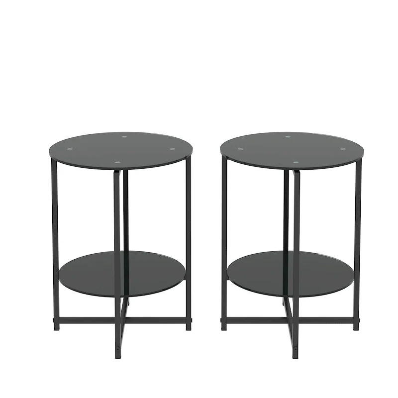 Black & Transparent, Round Tempered Glass End Table, Set of 2