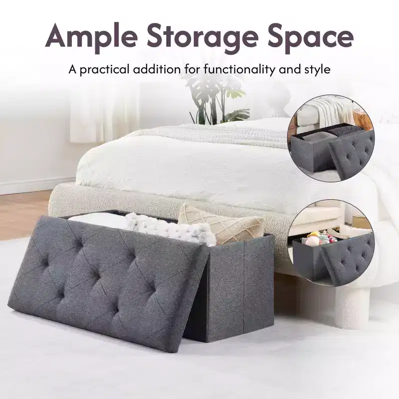 Folding Storage Ottoman Bench, Ottoman Foot Rest, End of Bed Bench, Storage Chest, with Flipping Lid, for Living Room, Bedroom, Entryway, Gray