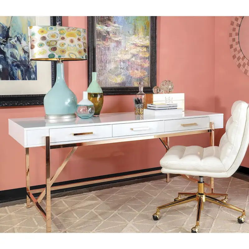 Modern High-Gloss White Home Office Desk with 3 Drawers | Gold Legs, Charging Station, 64