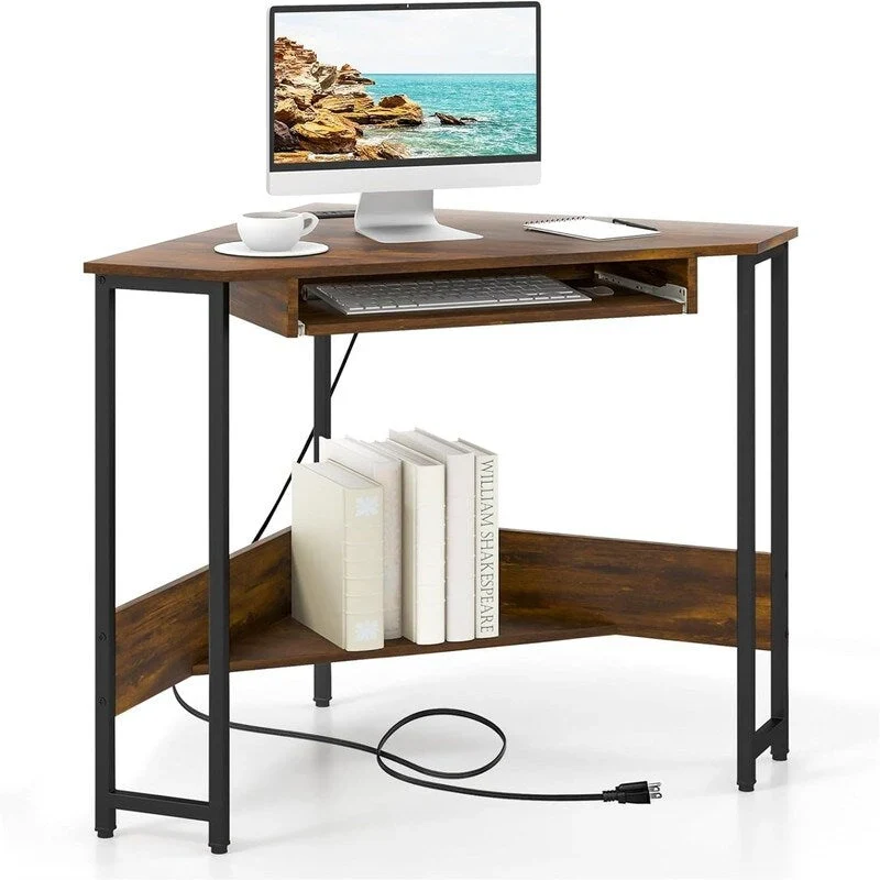 L-Shaped Corner Desk with Power Outlets and Keyboard Tray