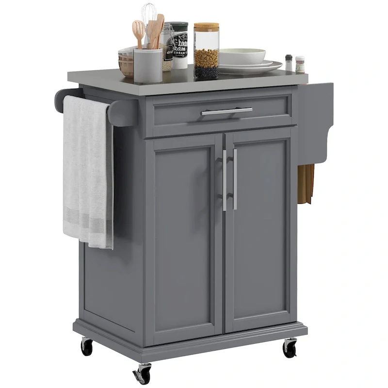Kitchen Island on Wheels, Rolling Kitchen Cart with Stainless Steel Countertop, Drawer, Towel Rack and Spice Rack