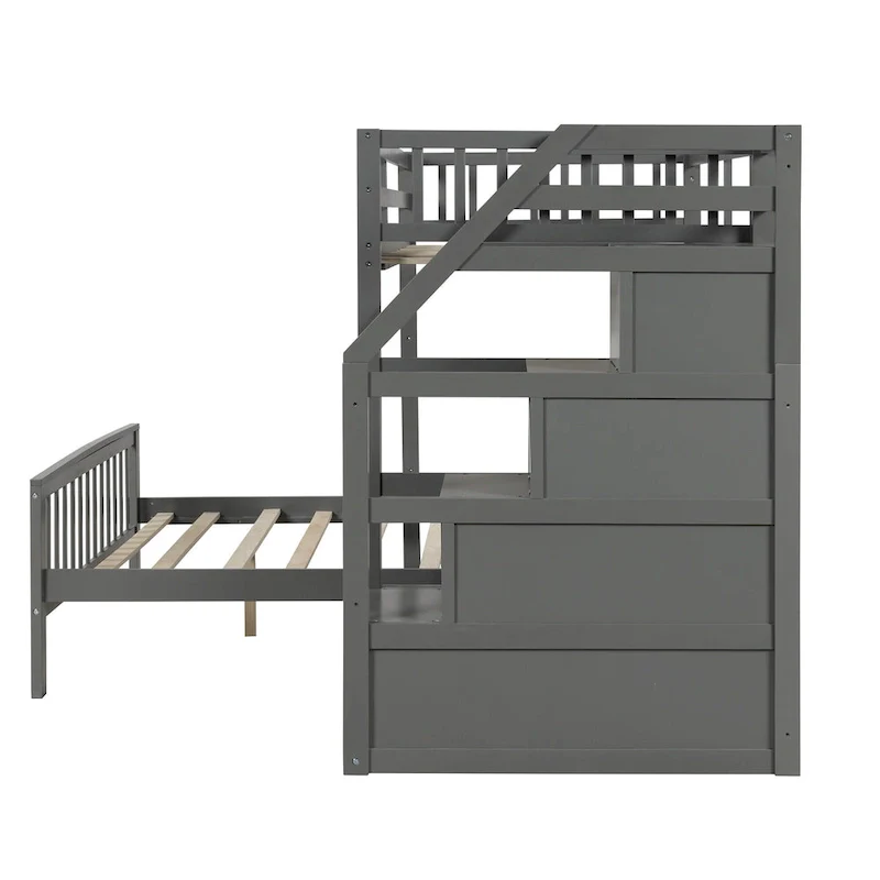 Twin Over Full Wood Loft Bed with Staircase,High Guardrails and Ladder