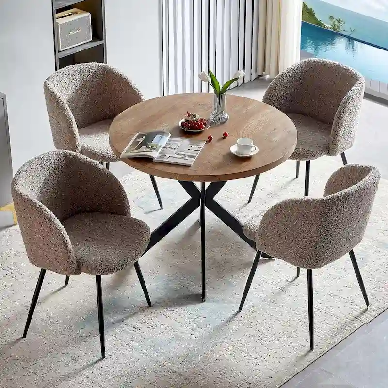 Round Dining Table Set with Sherpa Arm Chairs, Space Saving