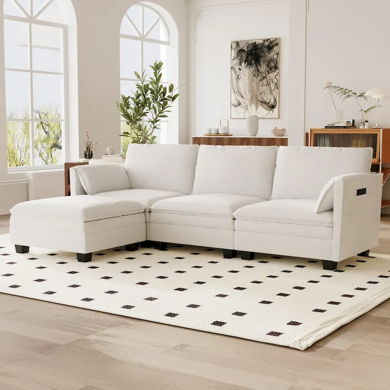 Noah Large 3-Seater L-Shaped Sofa with Movable Ottoman and Armrest Pockets, Fabric Upholstery