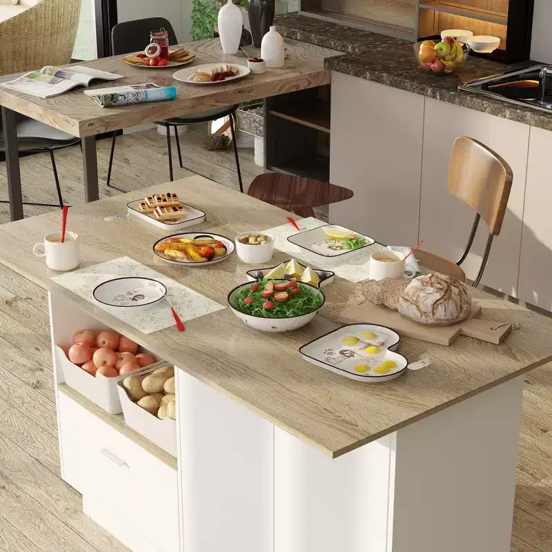 Famapy White Base Oak Table Kitchen Island With 2 Doors and 1 Drawer
