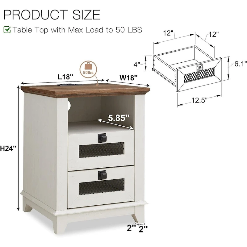 Farmhouse Nightstand with Charging Station, End Table, Side Table