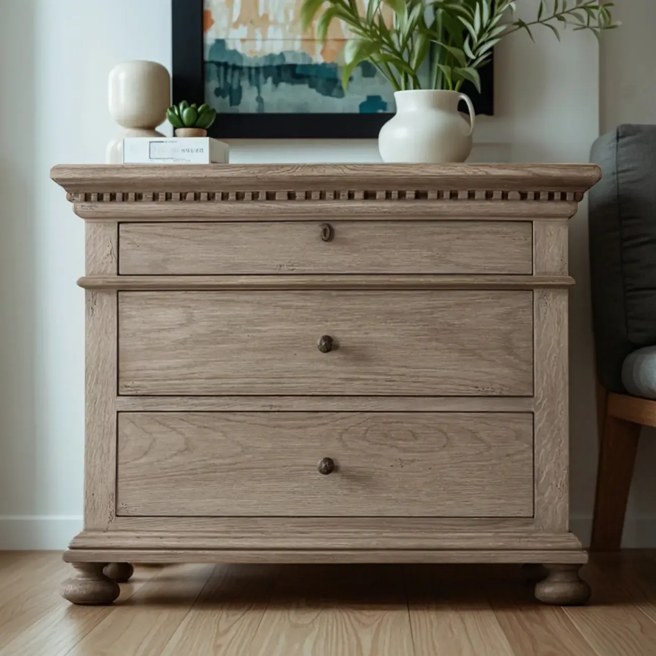 Traditional Grey Wooden Bedside Table with 3 Drawers Storage