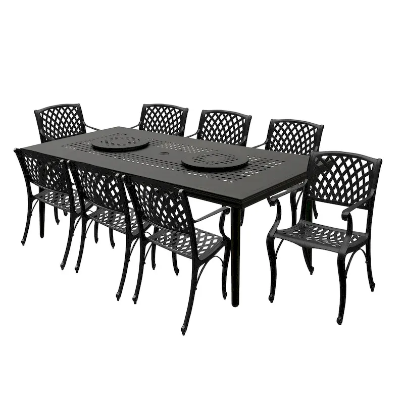 Modern Ornate Outdoor Mesh Aluminum 84-in Large Rectangular Patio Dining Set with Two Lazy Susans and Eight Chairs - N/A