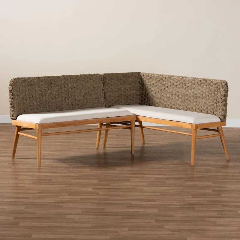 Denver Modern Bohemian Natural Seagrass and Acacia Wood 2-Piece Dining Nook Banquette Set