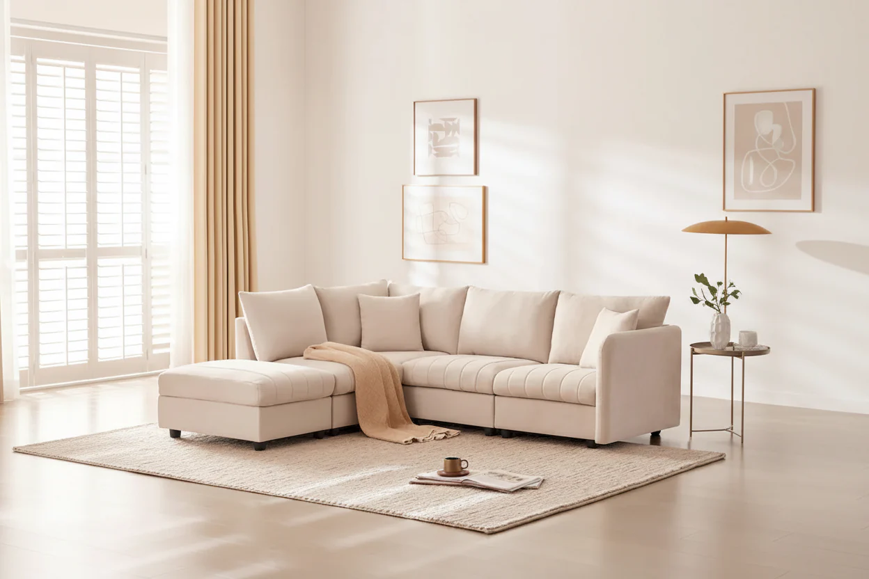 Gray L-Shaped Sectional Sofa with Ottoman, Vertical Stripe, 5-Seat