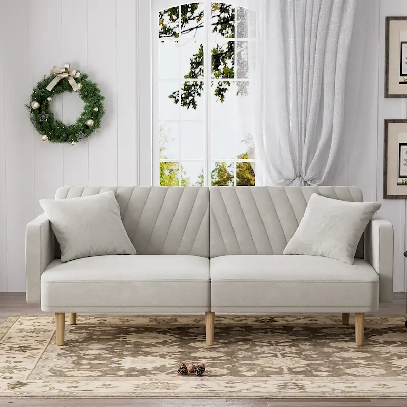 Upholstered Tufted Convertible Futon Sofa Bed, Velvet Sleeper Couch, 3 Seater Tufted Sofa with Adjustable Backrests