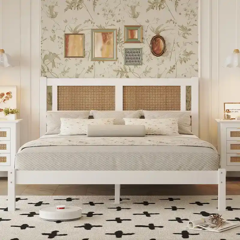 White / Black Rattan Headboard Platform Bed – Full & Queen – 1 or 2 Person
