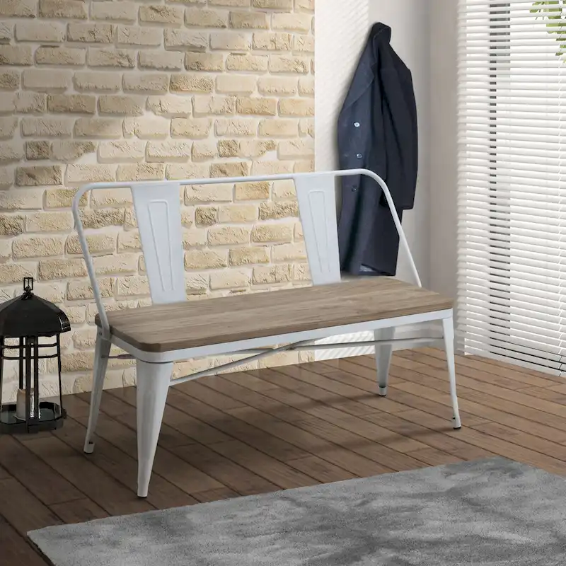 47-Inch Industrial Metal Backed Dining Bench, Rustic Style