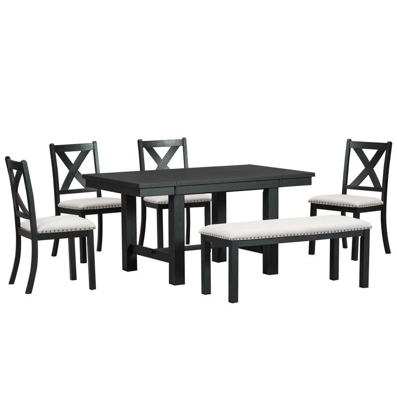 6-Piece Dining Kitchen Table Set, Extendable Wood Dining Table, 4 Upholstered Dining Chairs and Bench, Two 11 Removable Leaf