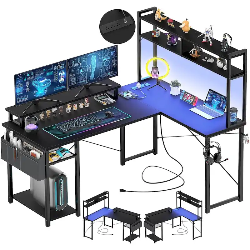 Farmhouse L-shaped Desk with Power Outlet, Gaming Table with Hutch and LED Light