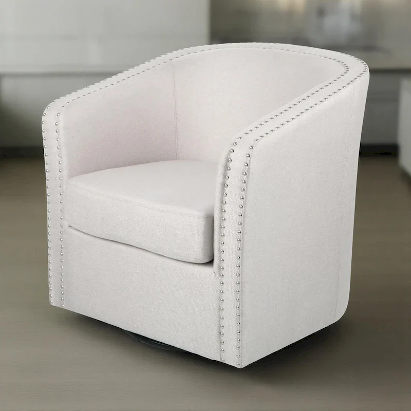 Swivel Accent Chair with Round Barrel Design, Wheat Beige Fabric