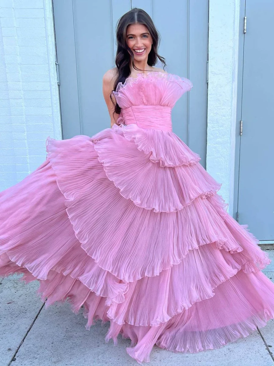 Strapless A-Line Tiered Crinkled Tulle Prom Dress