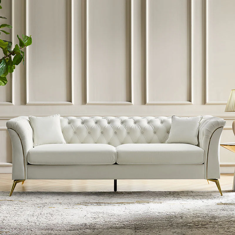 Velvet Button-Tufted Sofa with Gold Metal Trim & Legs | Ivory / Green / Navy | 2-Seat