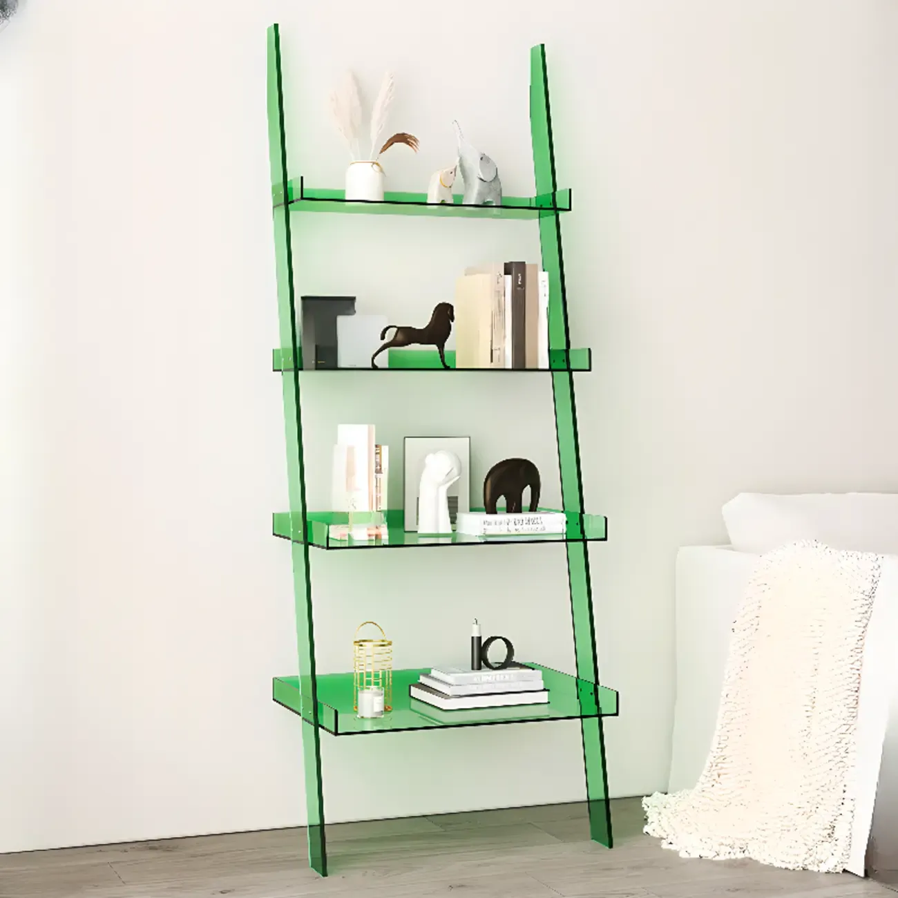Black Plastic Leaning Ladder Bookcase with 4-Shelves