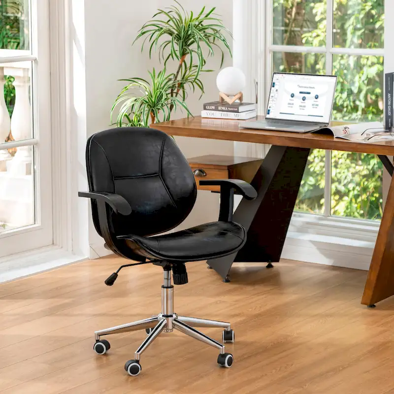 PU Leather Swivel Office Chair with Bamboo Armrests – Cocoa / Brown / Black, Mid-Back, Single User