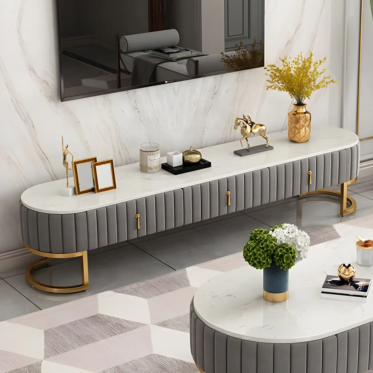 79 Glam Grey Marble Storage TV Stand with Legs