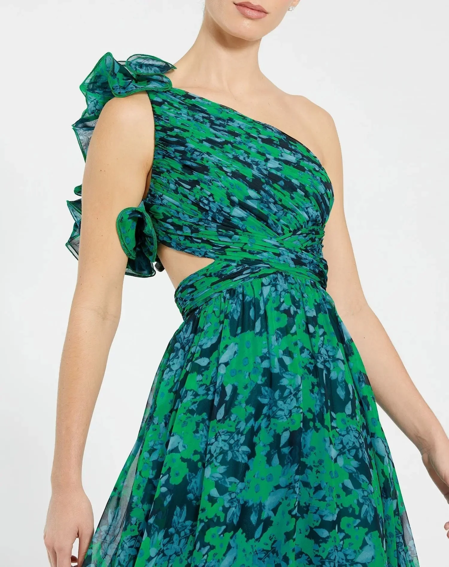 Green One Shoulder Ruffle Tiered Cut-Out Chiffon Gown